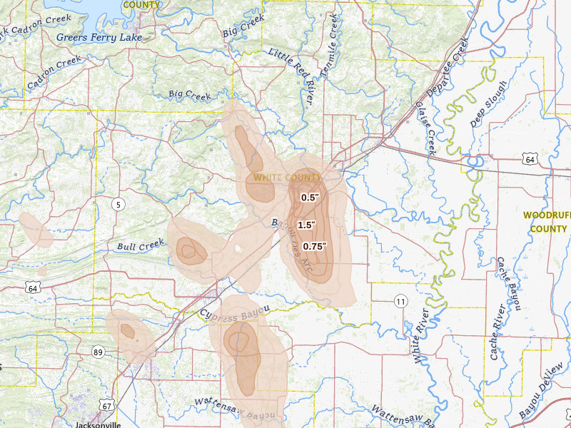 Radar-estimated hail-size map of the storm over Searcy, AR on Aug 26, 2026