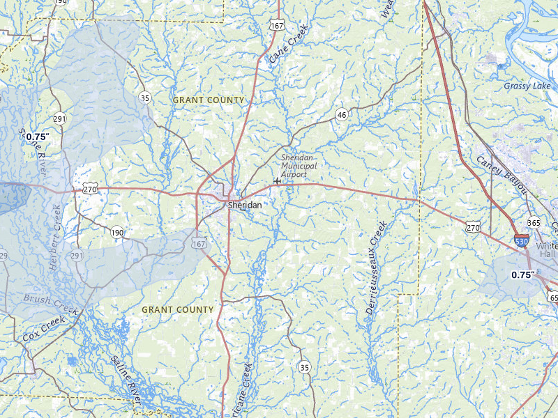 NEXRAD radar-signature map of the hail storm over Sheridan, AR on Apr 28, 2026