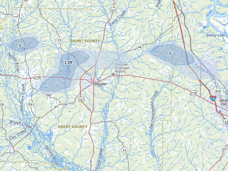 NEXRAD radar-signature map of the hail storm over Sheridan, AR on May 5, 2026