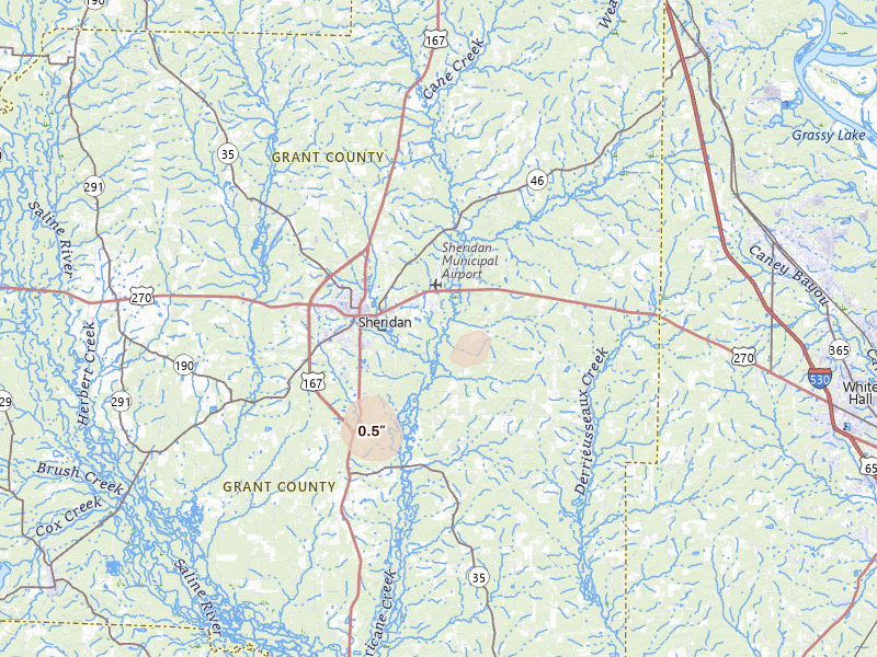 Radar-estimated hail-size map of the storm over Sheridan, AR on May 19, 2026