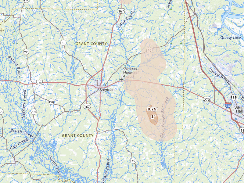 Radar-estimated hail-size map of the storm over Sheridan, AR on May 30, 2026