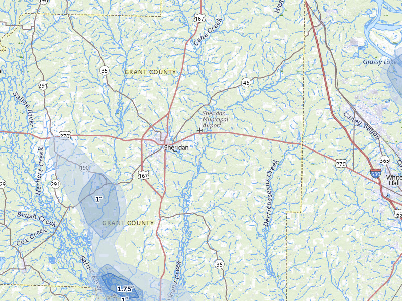 NEXRAD radar-signature map of the hail over Sheridan, AR