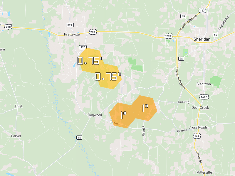Hail map of Sheridan, AR on Jul 4, 2026, hail up to 1"