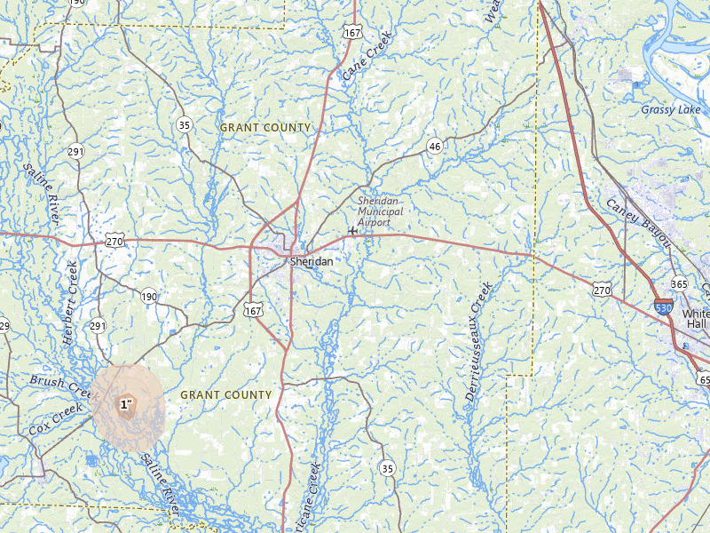 Radar-estimated hail-size map of the storm over Sheridan, AR on Jul 6, 2026