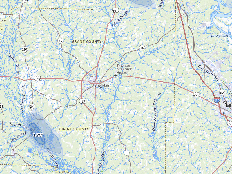 NEXRAD radar-signature map of the hail storm over Sheridan, AR on Jul 6, 2026
