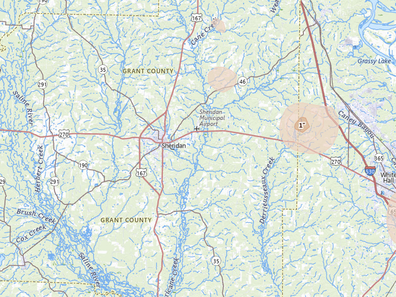 Radar-estimated hail-size map of the storm over Sheridan, AR on Jul 8, 2026