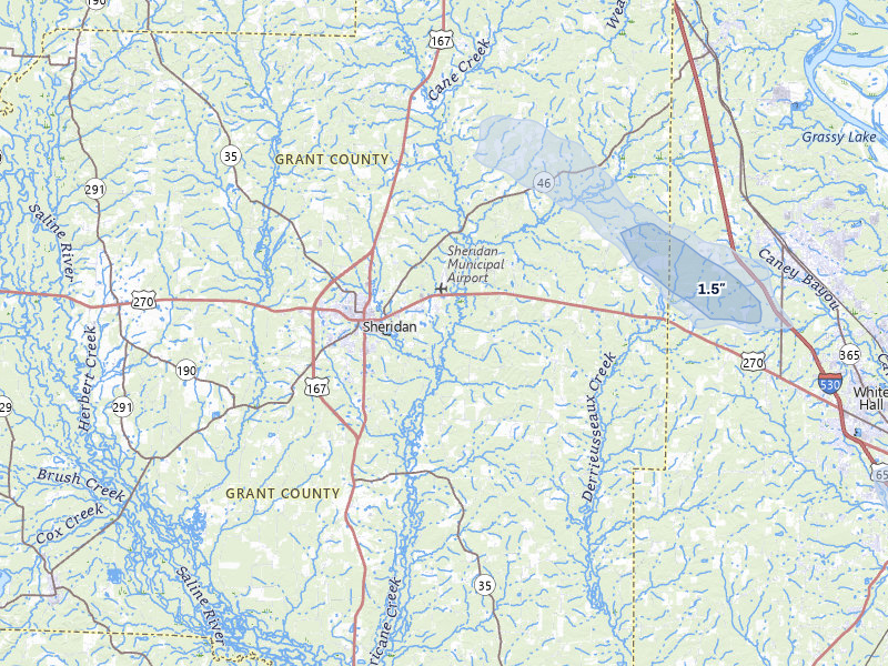 NEXRAD radar-signature map of the hail storm over Sheridan, AR on Jul 8, 2026
