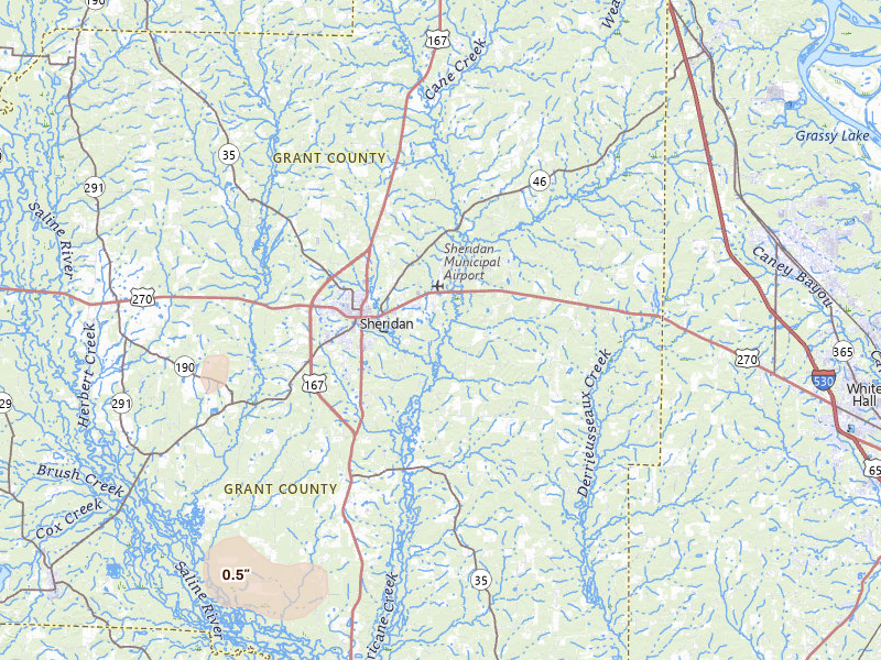 Radar-estimated hail-size map of the storm over Sheridan, AR on Jul 14, 2026