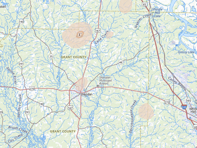Radar-estimated hail-size map of the storm over Sheridan, AR on Aug 7, 2026