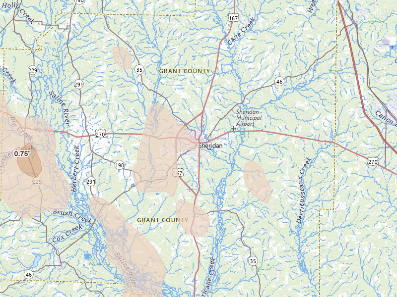 Radar-estimated hail-size map of the storm over Sheridan, AR on Aug 20, 2026