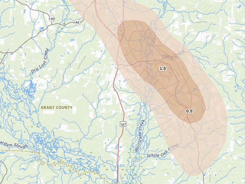 Radar-estimated hail-size map of the storm over Sheridan, AR on Aug 23, 2026