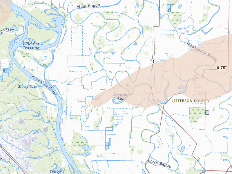 Radar-estimated hail-size map of the storm over Sherrill, AR on Mar 15, 2026