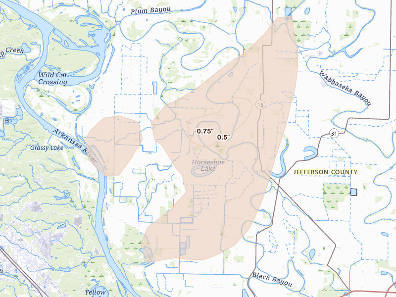 Radar-estimated hail-size map of the storm over Sherrill, AR on Jul 4, 2026