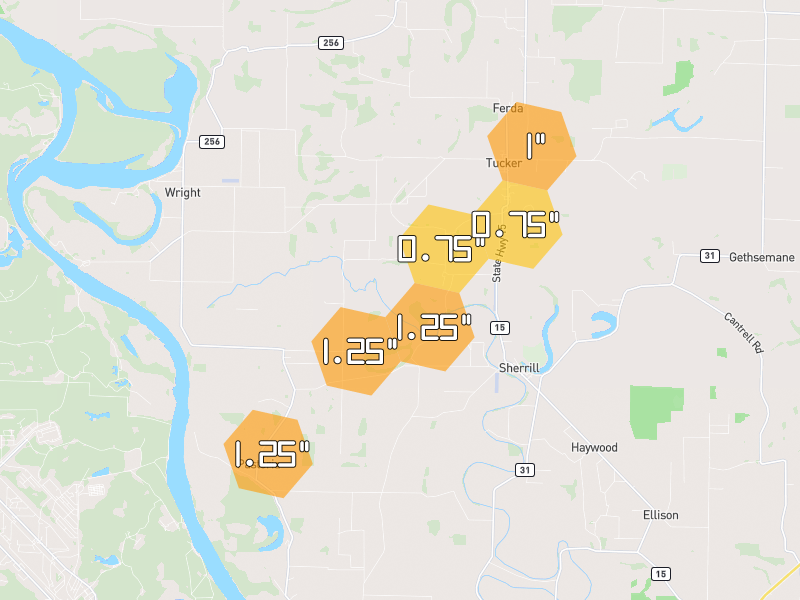 Hail map of Sherrill, AR on Jul 4, 2026, hail up to 1.25"