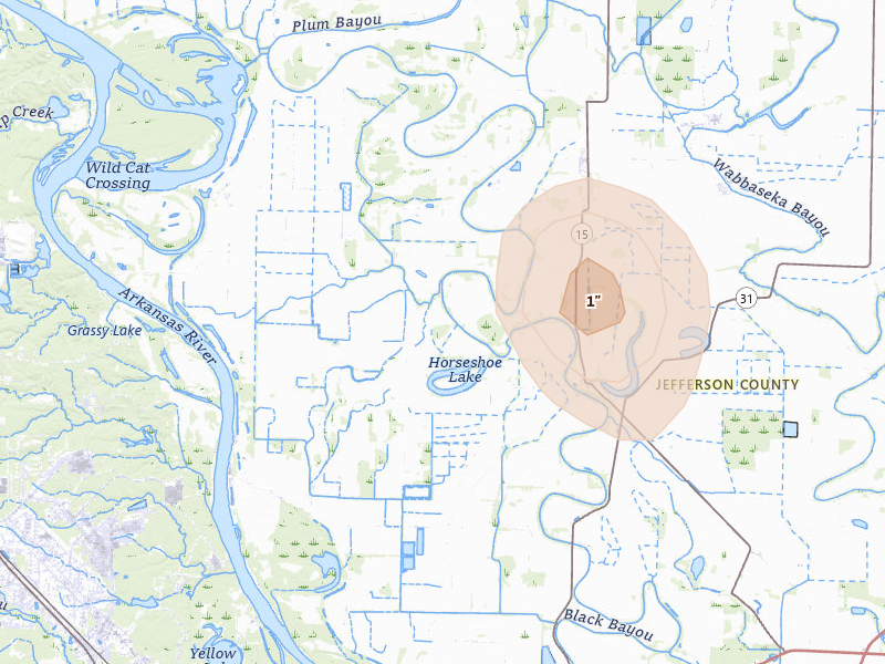 Radar-estimated hail-size map of the storm over Sherrill, AR on Aug 22, 2026