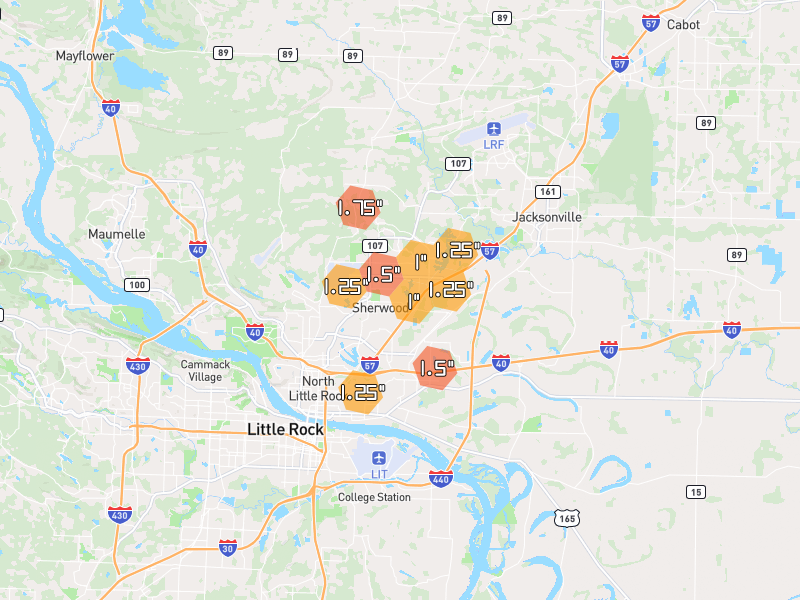 Hail map of Sherwood, AR on Jun 2, 2026, hail up to 1.75"