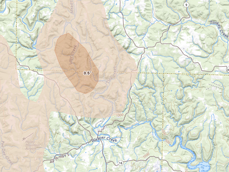Radar-estimated hail-size map of the storm over Shirley, AR on Jun 1, 2026