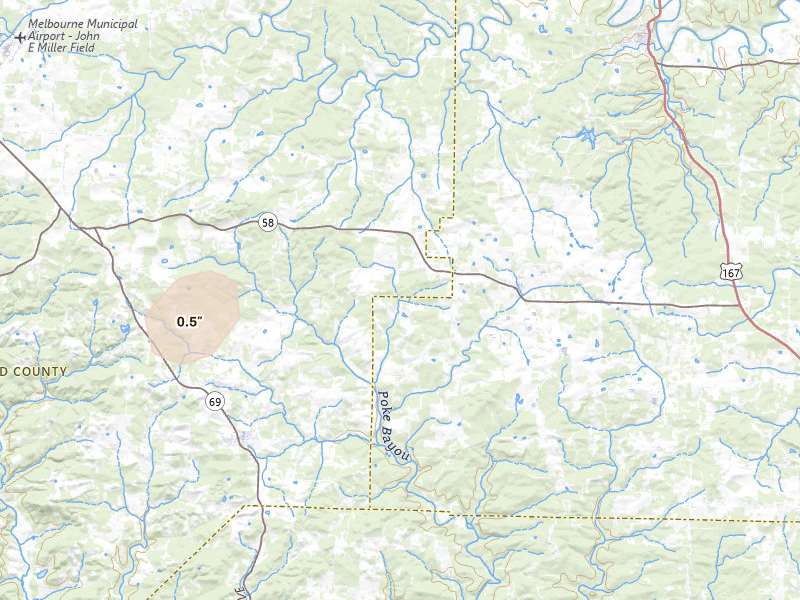 Radar-estimated hail-size map of the storm over Sidney, AR on Jul 7, 2026