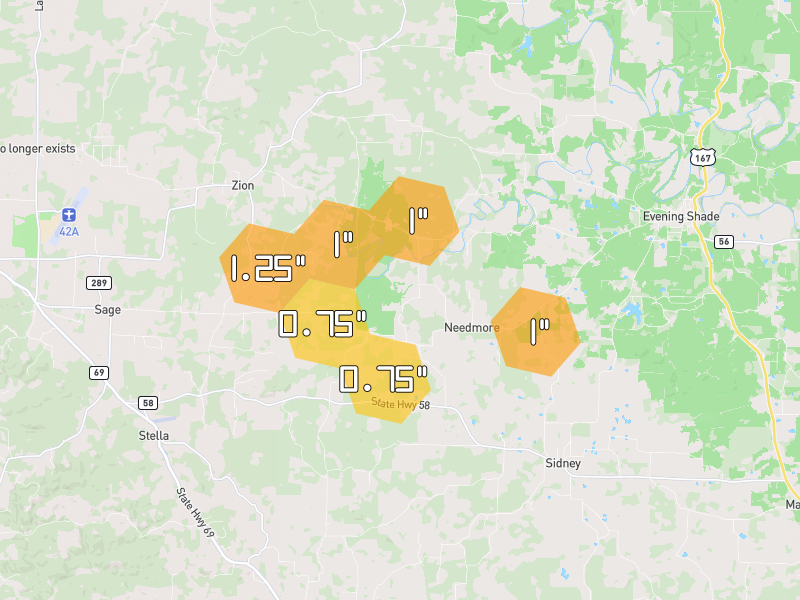 Hail map of Sidney, AR on Jul 11, 2026, hail up to 1.25"