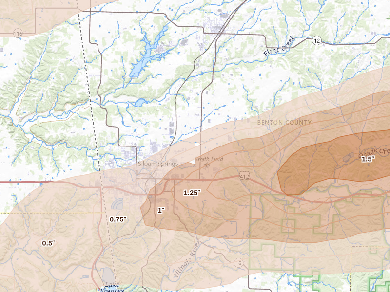 Radar-estimated hail-size map of the storm over Siloam Springs, AR on Apr 28, 2026