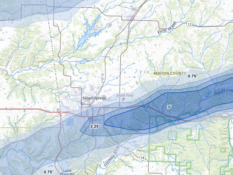 NEXRAD radar-signature map of the hail storm over Siloam Springs, AR on Apr 28, 2026