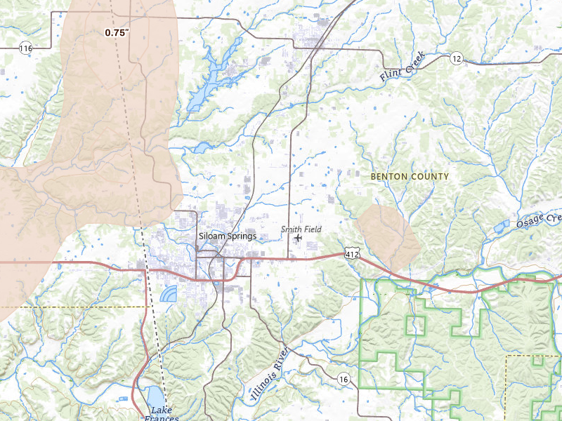 Radar-estimated hail-size map of the storm over Siloam Springs, AR on Jul 11, 2026