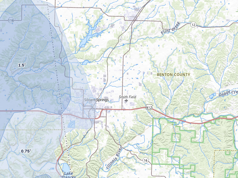 NEXRAD radar-signature map of the hail storm over Siloam Springs, AR on Jul 11, 2026