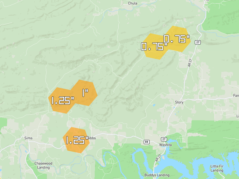 Hail map of Sims, AR on Jul 8, 2026, hail up to 1.25"