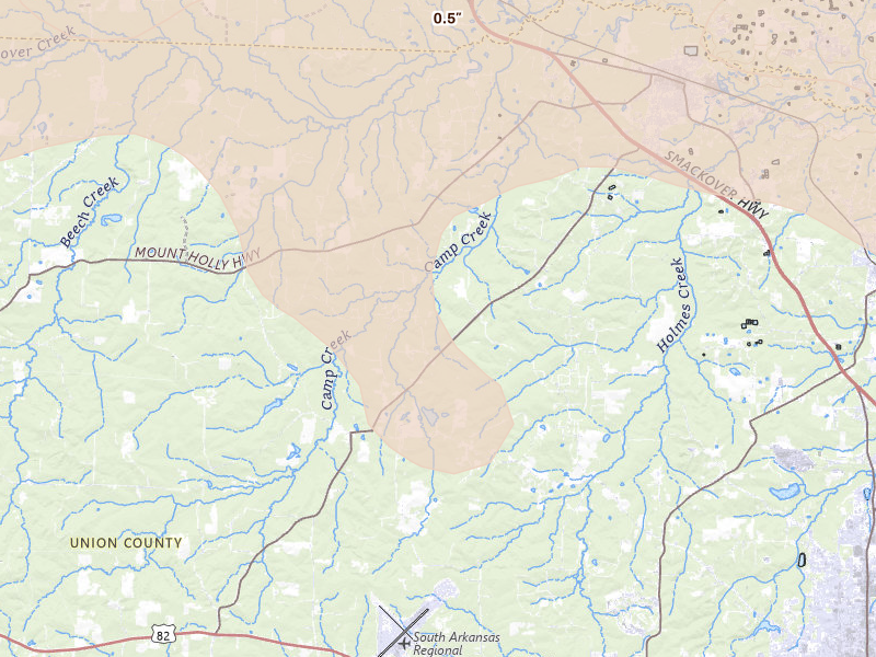 Radar-estimated hail-size map of the storm over Smackover, AR on Apr 25, 2026