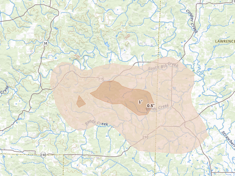 Radar-estimated hail-size map of the storm over Smithville, AR on Jul 11, 2026