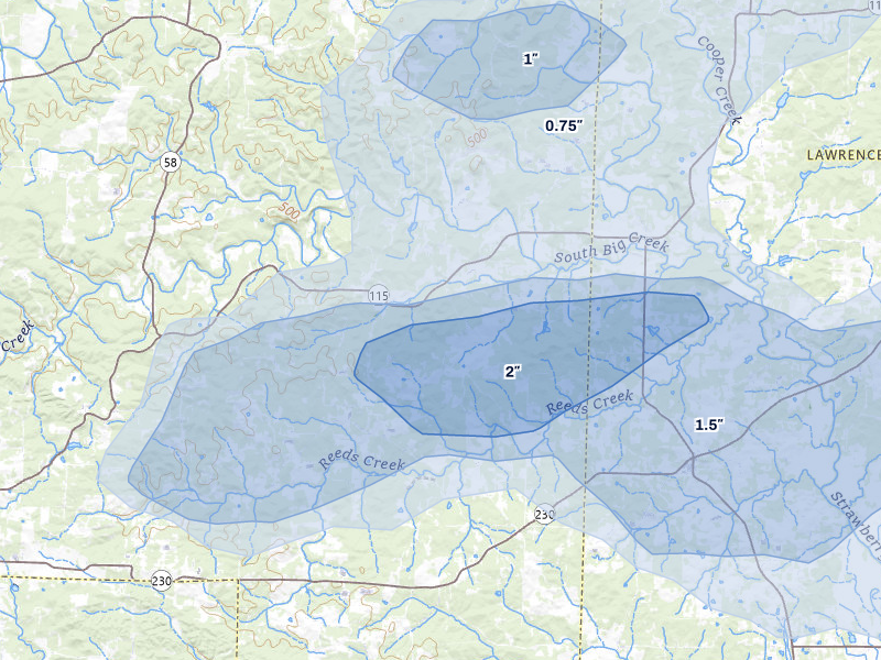 NEXRAD radar-signature map of the hail storm over Smithville, AR on Jul 11, 2026