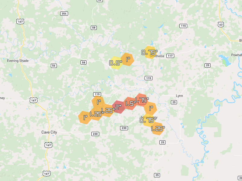 Hail map of Smithville, AR on Jul 11, 2026, hail up to 2"