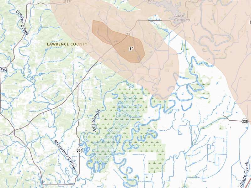 Radar-estimated hail-size map of the storm over Smithville, AR on Aug 22, 2026