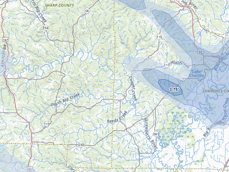 NEXRAD radar-signature map of the hail storm over Smithville, AR on Aug 22, 2026