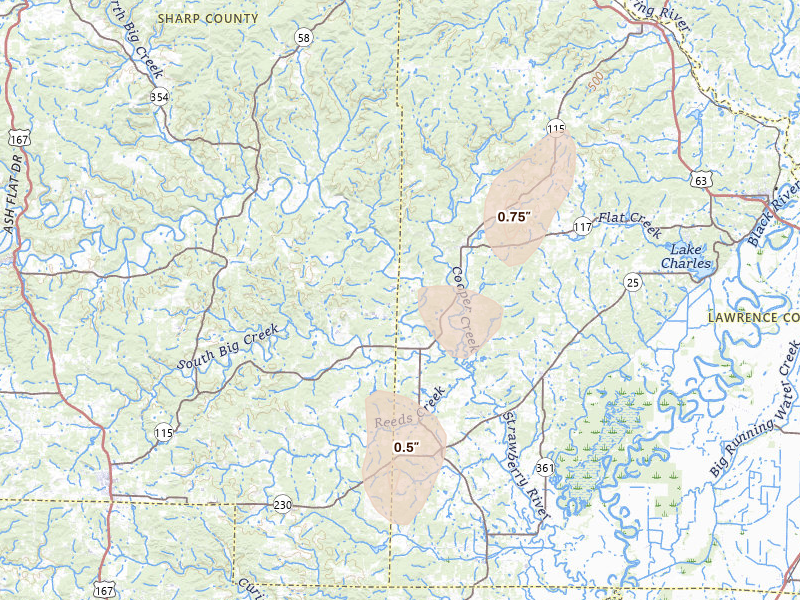 Radar-estimated hail-size map of the storm over Smithville, AR