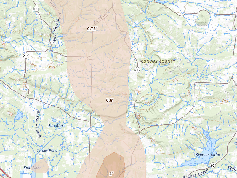 Radar-estimated hail-size map of the storm over Solgohachia, AR on Jul 4, 2026