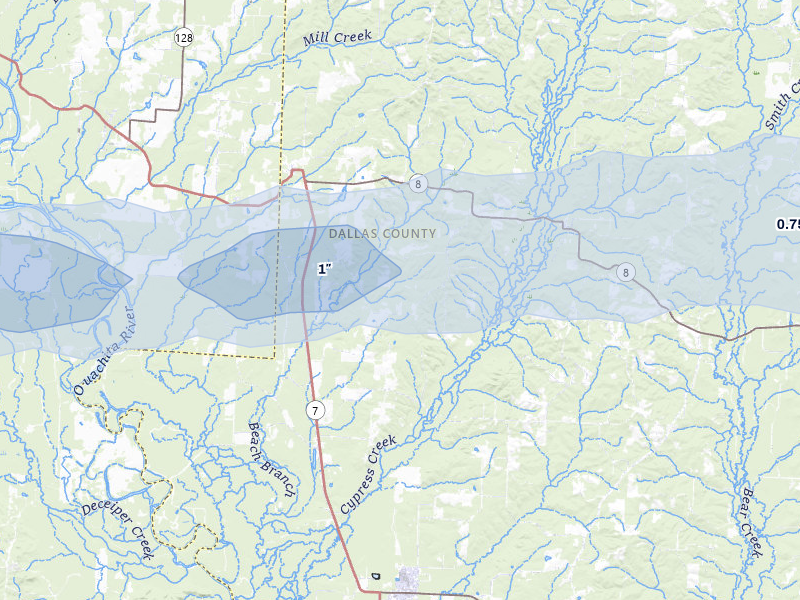 NEXRAD radar-signature map of the hail over Sparkman, AR
