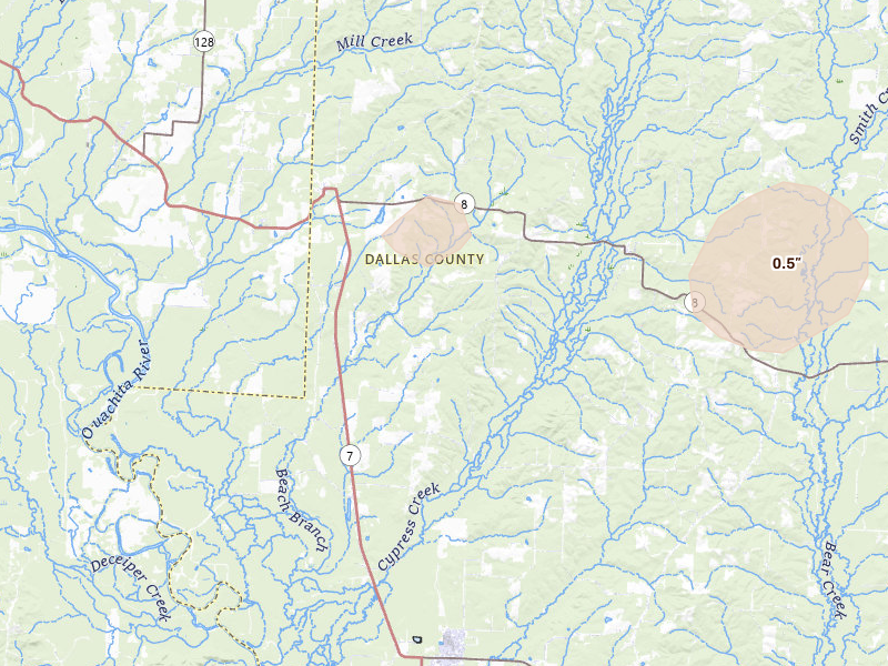 Radar-estimated hail-size map of the storm over Sparkman, AR on May 23, 2026