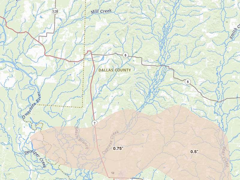 Radar-estimated hail-size map of the storm over Sparkman, AR on Jun 24, 2026