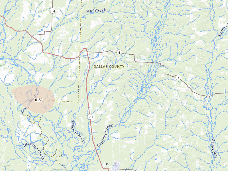 Radar-estimated hail-size map of the storm over Sparkman, AR on Jul 4, 2026