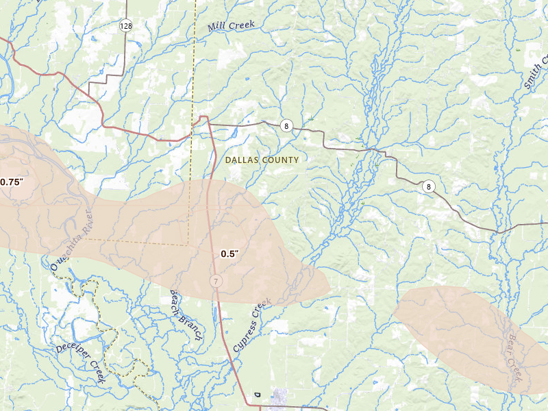 Radar-estimated hail-size map of the storm over Sparkman, AR on Jul 8, 2026
