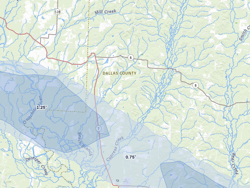 NEXRAD radar-signature map of the hail storm over Sparkman, AR on Jul 8, 2026