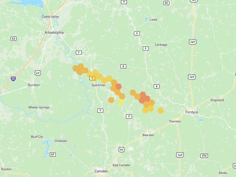 Hail map of Sparkman, AR on Jul 9, 2026, hail up to 1.75"