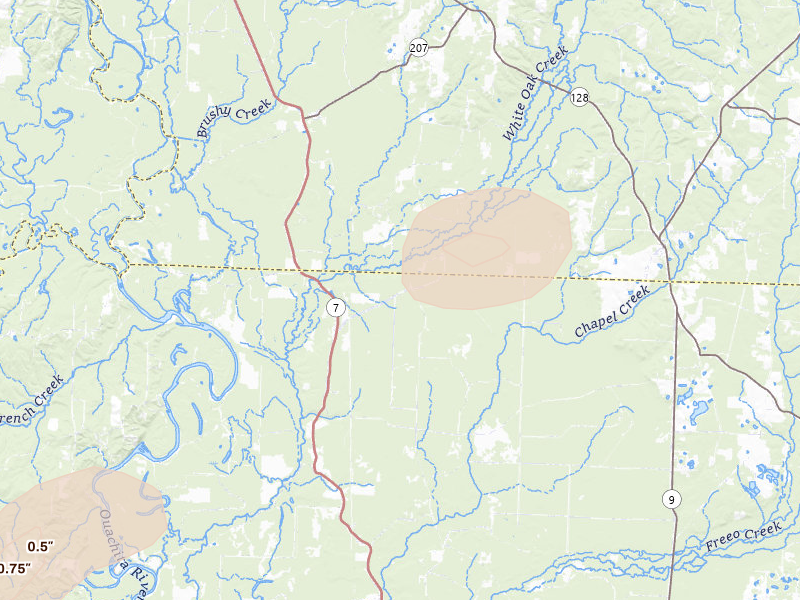 Radar-estimated hail-size map of the storm over Sparkman, AR on Aug 7, 2026