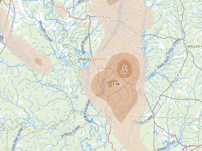 Radar-estimated hail-size map of the storm over Sparkman, AR on Aug 20, 2026