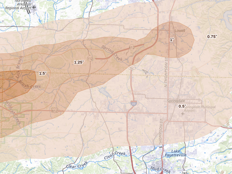 Radar-estimated hail-size map of the storm over Springdale, AR on Apr 28, 2026