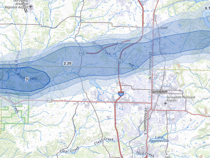 NEXRAD radar-signature map of the hail storm over Springdale, AR on Apr 28, 2026