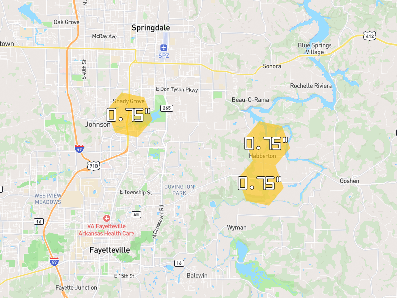 Hail map of Springdale, AR on Jul 11, 2026, hail up to 0.75"