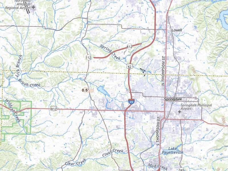 Radar-estimated hail-size map of the storm over Springdale, AR on Jul 29, 2026