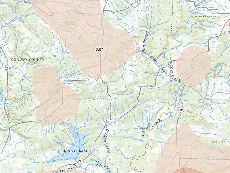 Radar-estimated hail-size map of the storm over Springfield, AR on Aug 17, 2026
